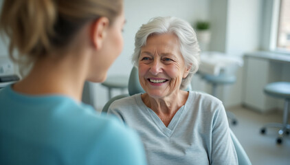 Obraz premium A confident elderly woman smiling warmly at the dentist’s office, emphasizing the importance of senior healthcare services and professional, friendly dental care 