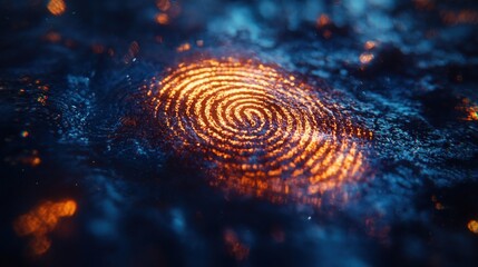 Intricate Fingerprint Pattern Glowing with Bright Orange Light on Dark Surface