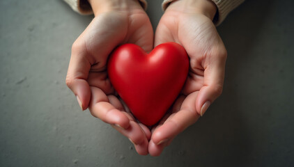Fototapeta premium A first-person top view photo of female hands gently cradling a red heart, symbolizing care and compassion
