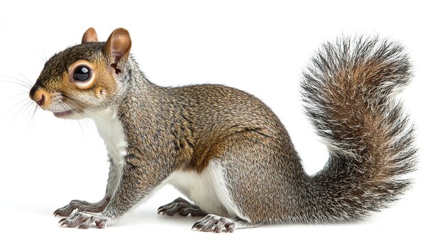 A gray squirrel is centered against a white background.