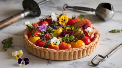 Tart decorated with vibrant fruits and edible flowers.