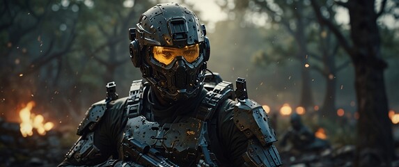 Obraz premium Cyber Warfare Soldier: A futuristic soldier, clad in advanced combat armor, stands amidst a fiery battlefield. The intense gaze and detailed armor create a powerful image of war, technology.