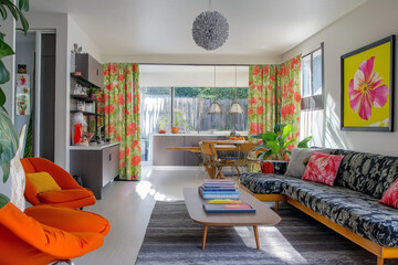 Retro-style curtains with bold floral prints, evoking a 70s aesthetic in a colorful, eclectic...