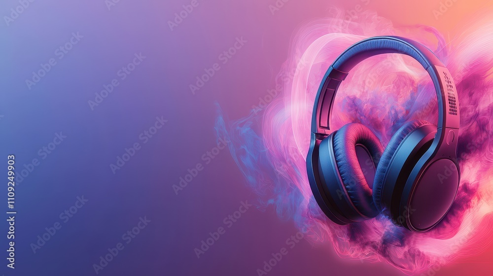 Poster headphone exploding concept, abstract art of headphones surrounded by colorful whirlwind effects and