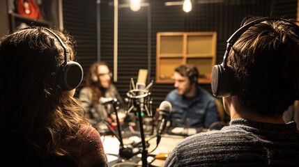 Group of People Engaged in Conversation in Podcast Studio