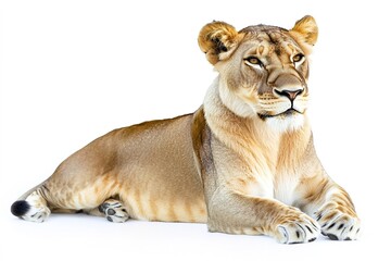 Obraz premium Majestic lioness lying gracefully with intense gaze on white