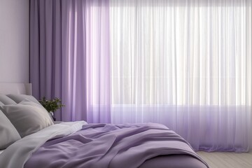 Fototapeta premium Semi-transparent curtains with a soft ombre effect, fading from deep purple at the top to pale lavender at the bottom, in a serene bedroom.