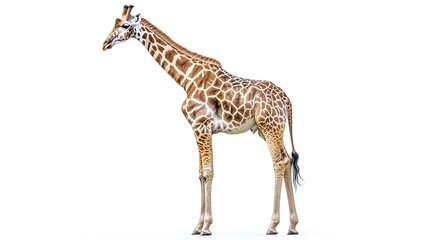 Fototapeta premium Solitary giraffe standing against white background, showcasing its patterned coat.
