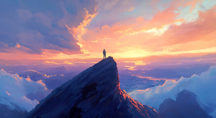Stunning sunset view from a mountain peak with a lone figure silhouetted against the vibrant sky