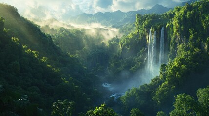 Lush Jungle Waterfall in Misty Sunlight