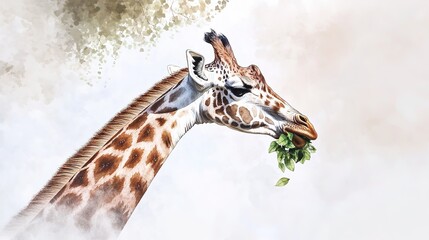 Obraz premium Giraffe eating green leaves in minimalistic style with ample copy space