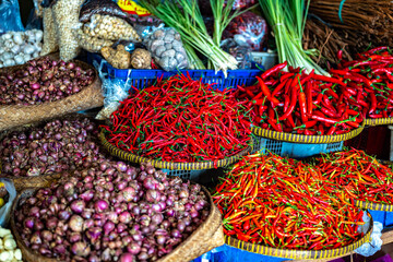 Vegetables and spices on Badung Market, Denpasar, Bali, Indon.