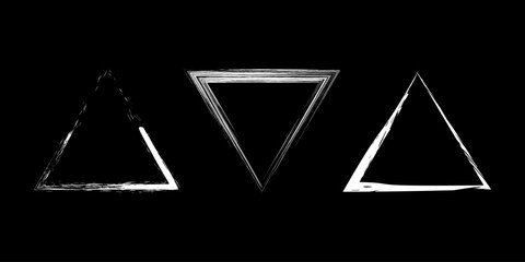 Set of white grunge paintbrush shapes in triangle form. Vector illustration. Trendy design element for border frame, logo, tattoo, prints, web pages, template and monochrome pattern