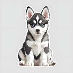 Illustration drawing portrait of a grey huskey puppy in front view on light grey background (isolated).