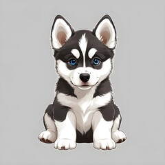 Illustration drawing portrait of a grey huskey puppy in front view on grey background (isolated).