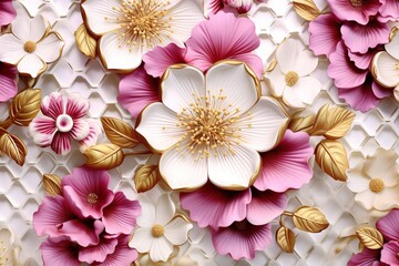 Elegant 3d geometric shapes background with white, pink and golden delicate floral pattern and flowers. Perfect for decorative designs, or interior decor inspiration.