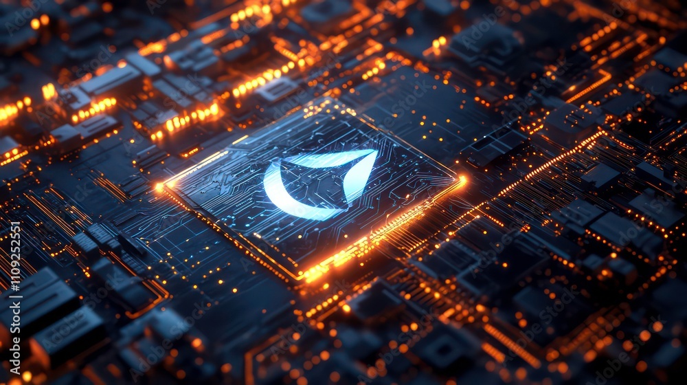 Poster glowing logo on a circuit board, representing technological innovation and advancement.