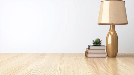 a photostock of a  Lamp, books and succulent plant on the shelf against empty wall mockup , isolated on white background,  , copy space, copy space for text,