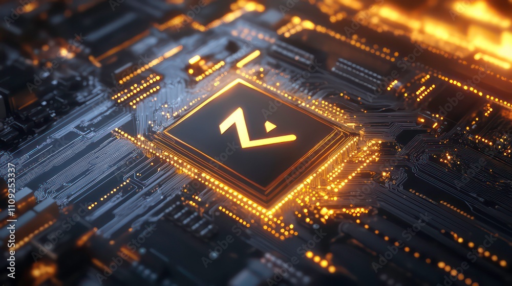 Poster close-up of a computer chip with a glowing orange logo.