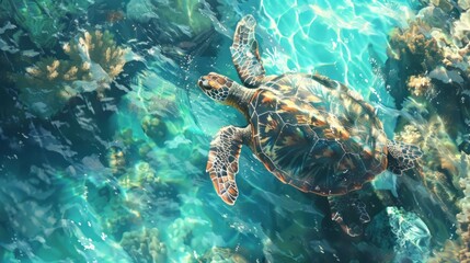 Fototapeta premium Sea turtle swimming in vibrant coral reef.
