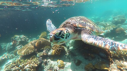 Obraz premium Underwater sea turtle swimming near vibrant coral reef.