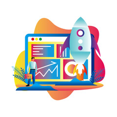 Colorful flat illustration of a startup launch. A man stands next to a screen with business charts, and a rocket takes off, symbolizing growth and success