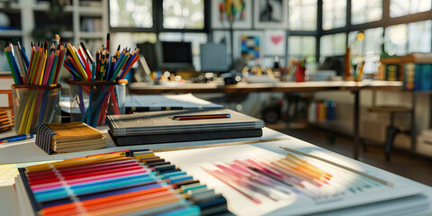 Close-up of a designer's desk with sketchbooks and color swatches, showing a creative job in graphic design