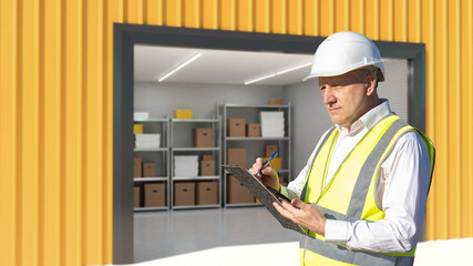 Storage unit behind man. Manager is standing near warehouse. Storage unit for industrial company. Man in official uniform works in warehouse. Storekeeper makes note on clipboard. Warehouse business