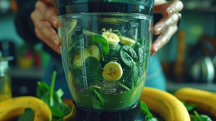 Woman's hands adding ingredients to a blender for a healthy green smoothie.