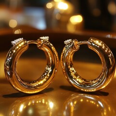 Gold Hoop Earrings with Diamond Accent Under Warm Lighting