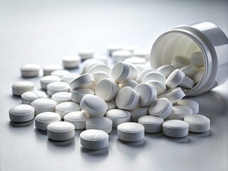 Addictive Pain Relief Drug, Oral Medication, Healing Science, Prescription Pills, White Background, High Depth of Field, Medical Photography