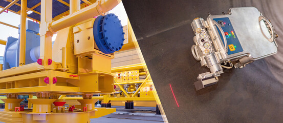 Production of gas equipment. Compressor station with robot for automatic testing. Robot checking...