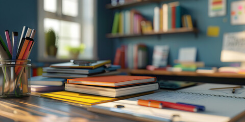 Close-up of a teacher's desk with textbooks and lesson plans, symbolizing an educator's workspace