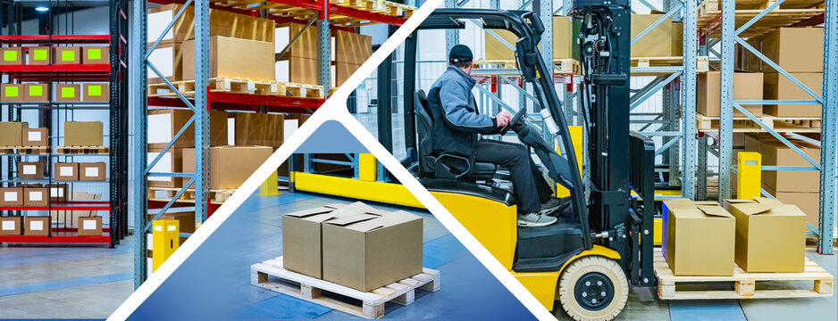 Warehouse logistics. Cardboard boxes on pallet. Man operates forklift. Warehouse with addressable storage system. Logistics center. Fulfillment business. Warehouse collage. Distribution center