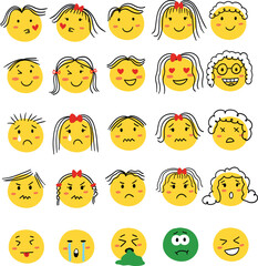 set of emoticon couple girl boy woman man cute curly hair emoji smiley expressions