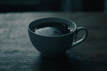 Coffee resting in a cup on a wooden table in a dim setting