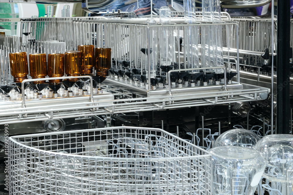 Poster a rack of glassware is being washed in a dishwasher. the glassware includes a variety of bottles and