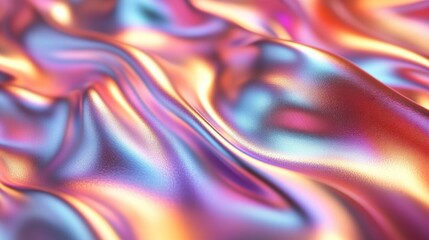 Vibrant Abstract Waves of Satin Fabric Displaying a Blend of Colors in Bright Hues of Purple, Pink, Blue, and Gold, Creating an Eye-Catching Textural Effect