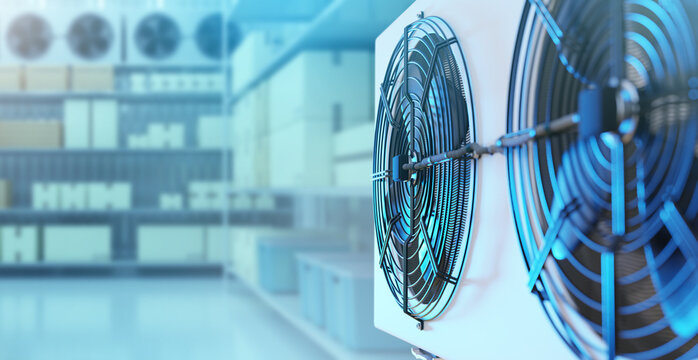 Refrigeration equipment. Warehouse refrigerator. Industrial freezer. Air conditioning unit inside cold storage. Warehouse for storing frozen food. Refrigeration technologies. 3d image