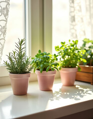Fototapeta premium Valentine's day gift idea with indoor potted herbs on sunny windowsill for home decor