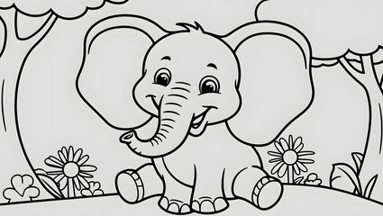 Fototapeta premium A delightful coloring page showcasing an elephant, a tree, and flowers, perfect for engaging in creative activities
