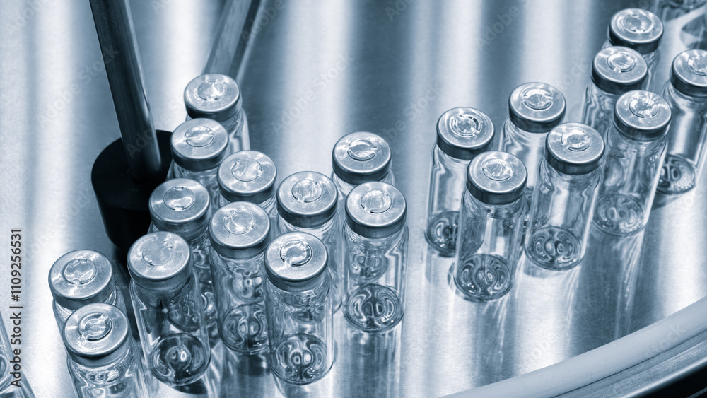 Poster a row o clear bottles . the bottles are lined up on a table, pharmaceutical production of drugs and 