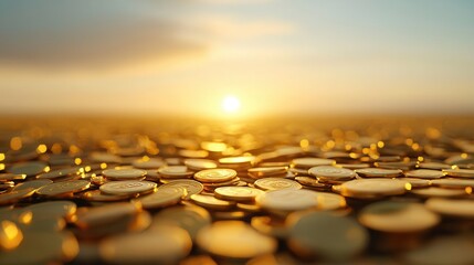 Obraz premium Golden era, sun rising over a field of coins, 3D illustration