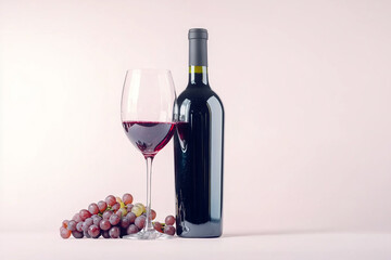 Obraz premium Wine glass and bottle with fresh grapes on a soft background