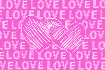 Two hand-drawn hearts in white chalk stand out against a vibrant pink backdrop covered with the repeated word LOVE in bold lettering.