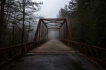 Obraz premium Fog envelops abandoned bridge in tranquil forest setting
