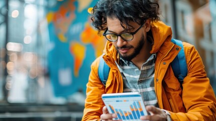 Young man reviewing data on tablet outdoors.