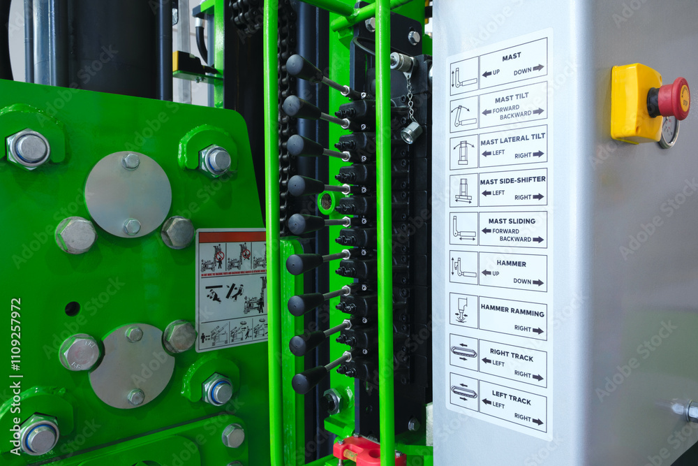 Poster A green machine with a black and white label on it. The label has a list of instructions and a warning
