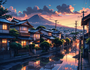 lofi cozy japanese tokyo town street in the evening landscape with anime artstyle.