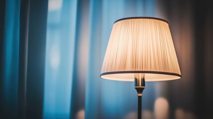 Elegant Table Lamp Illuminating Softly in a Cozy Indoor Setting with Gentle Blue Tones and Draped Curtains Creating a Serene Atmosphere for Relaxation and Reflection